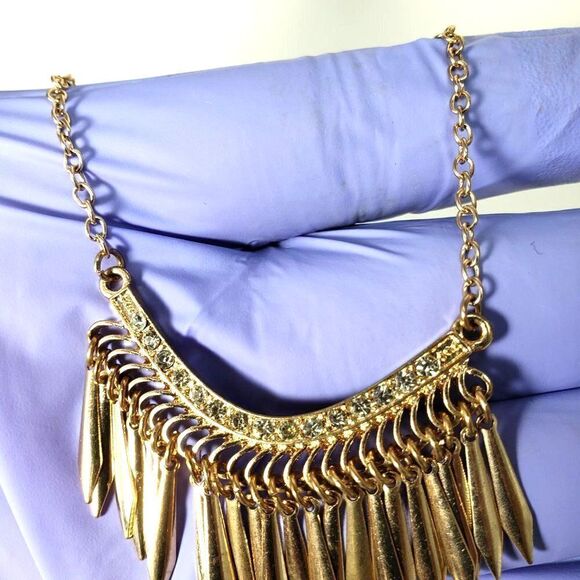 GUESS Gold Tone Spiked Accent Necklace w/ Sparkling Crystals – Statement Jewelry - Picture 4 of 6